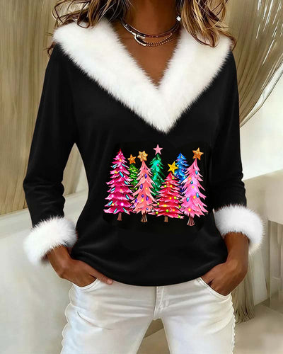 Fleece Top with V-Neck and Christmas Tree Print
