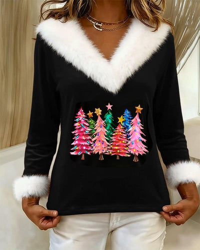 Fleece Top with V-Neck and Christmas Tree Print