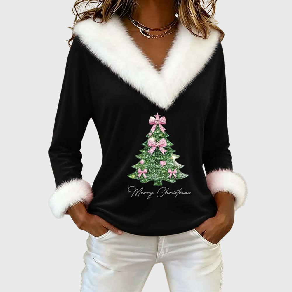 Jemima | LARGE FUR COLLAR CHRISTMAS PRINT TOP