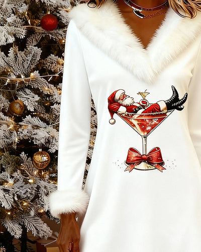 Christmas Print Fur-Collared Dress